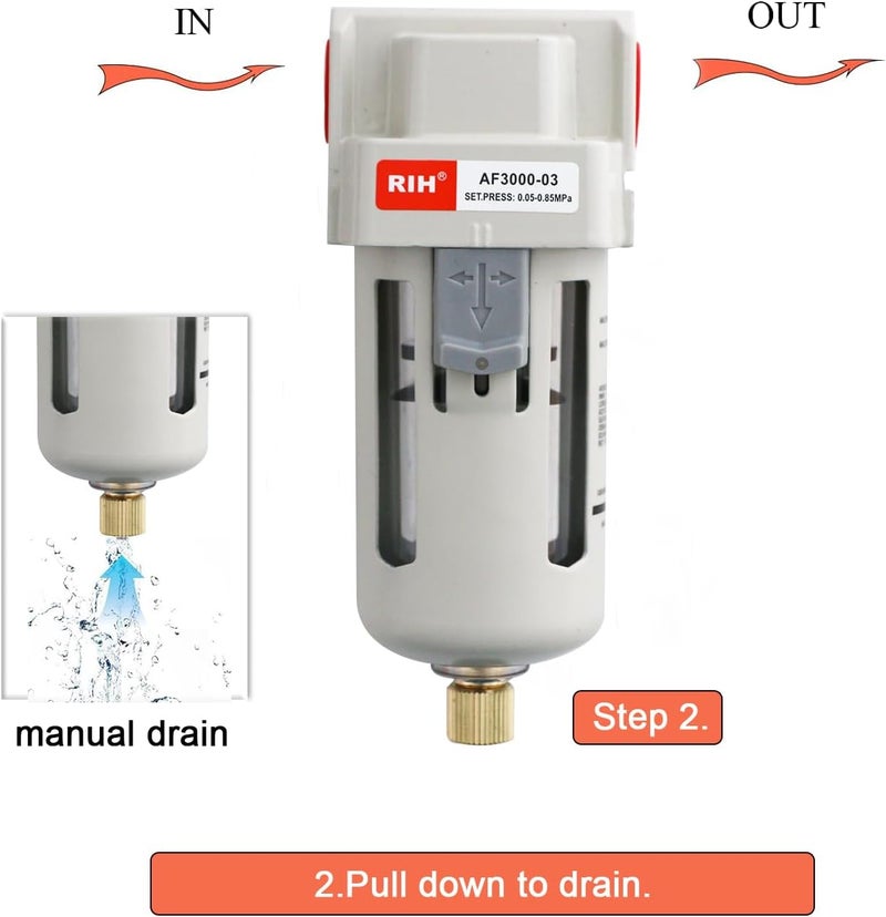 RH 3/8" NPT Air Dryer for Compressor, Air compressor water separator,air compressor filter,AF3000-03 Manual Drain,5 Micron Brass Element, Poly Bowl 0-150 psi 5μm. - Image 2